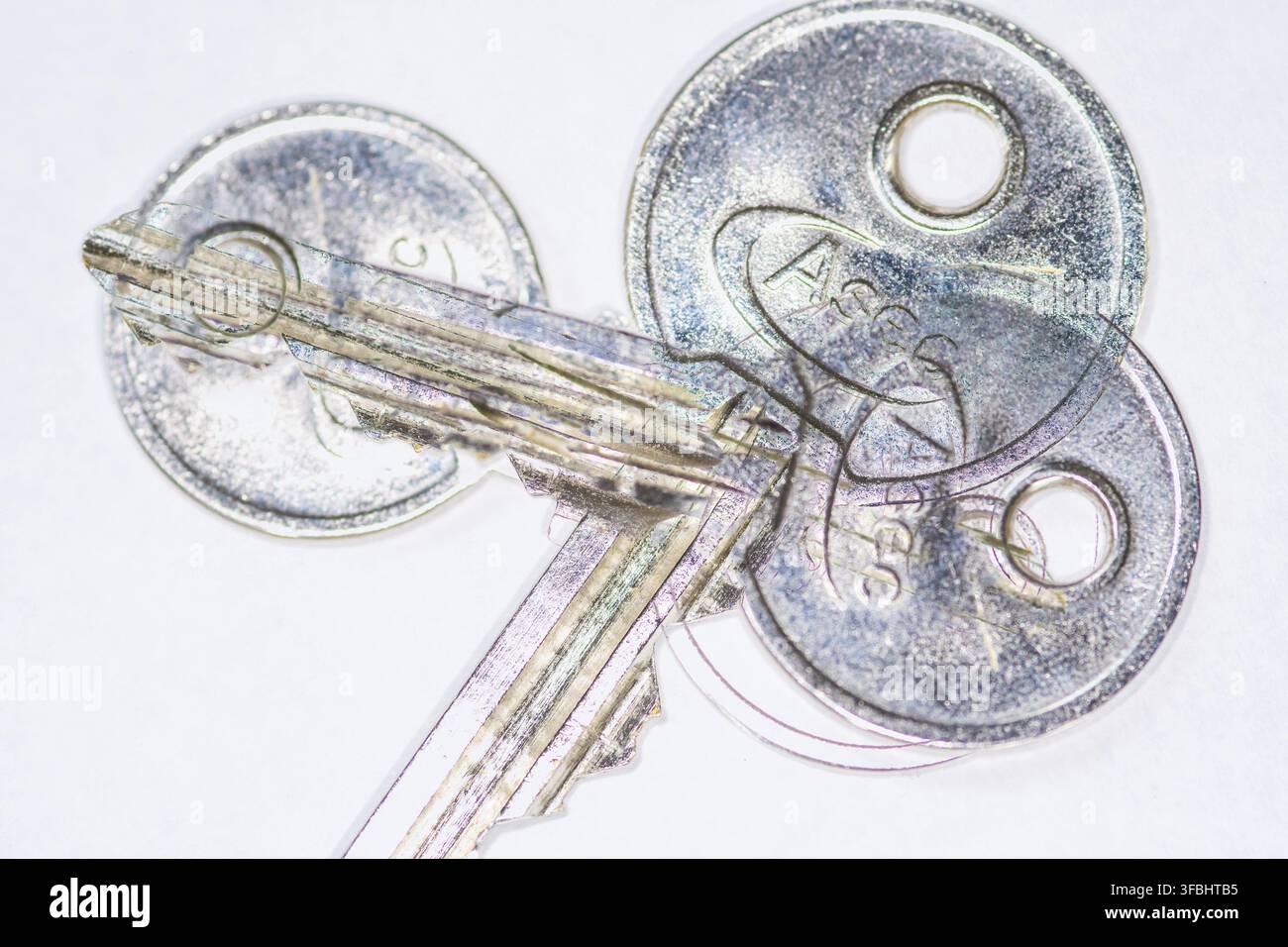 Double exposure keys on a white background UK Stock Photo