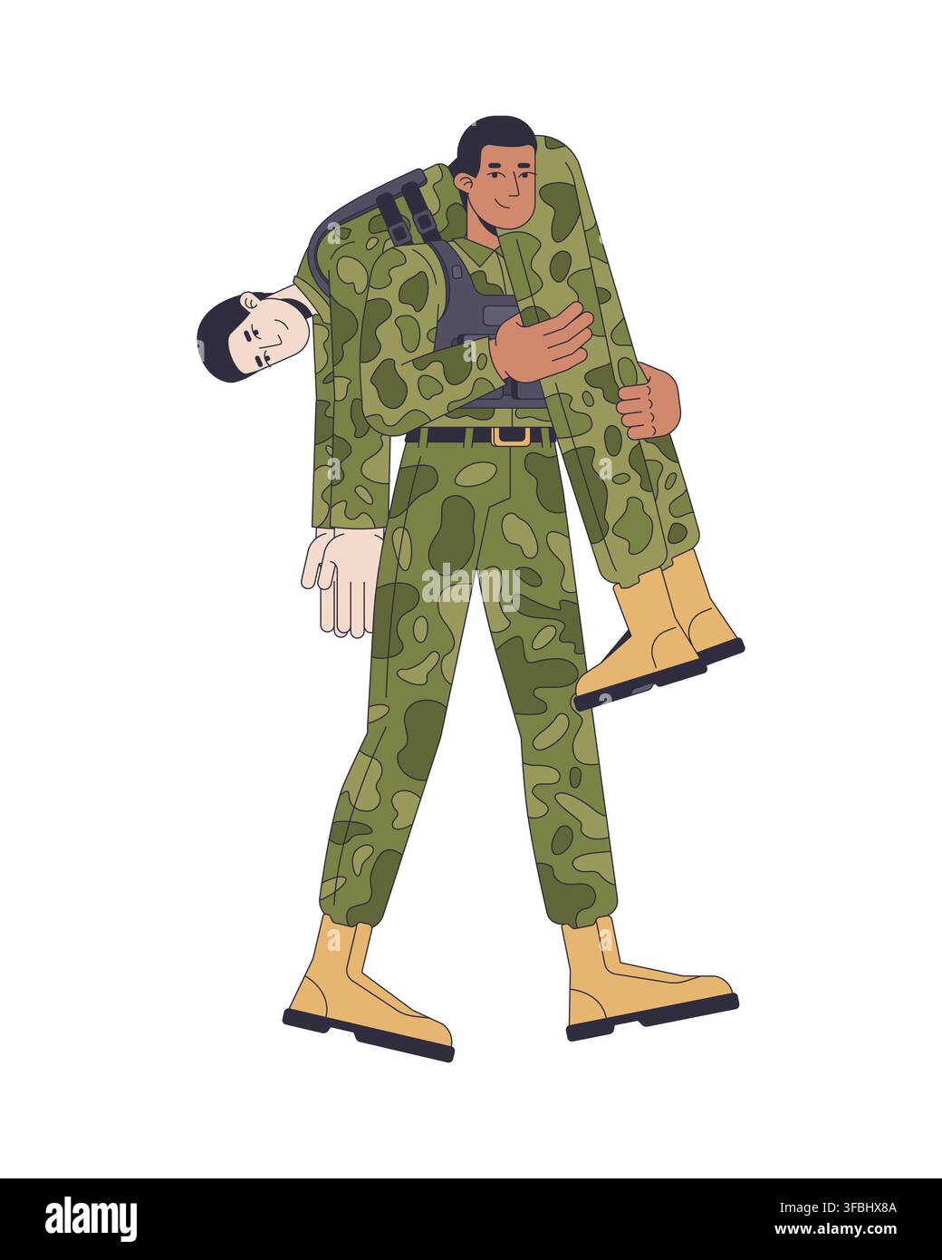 Military evacuation training fireman carry 2D vector illustration Stock Vector
