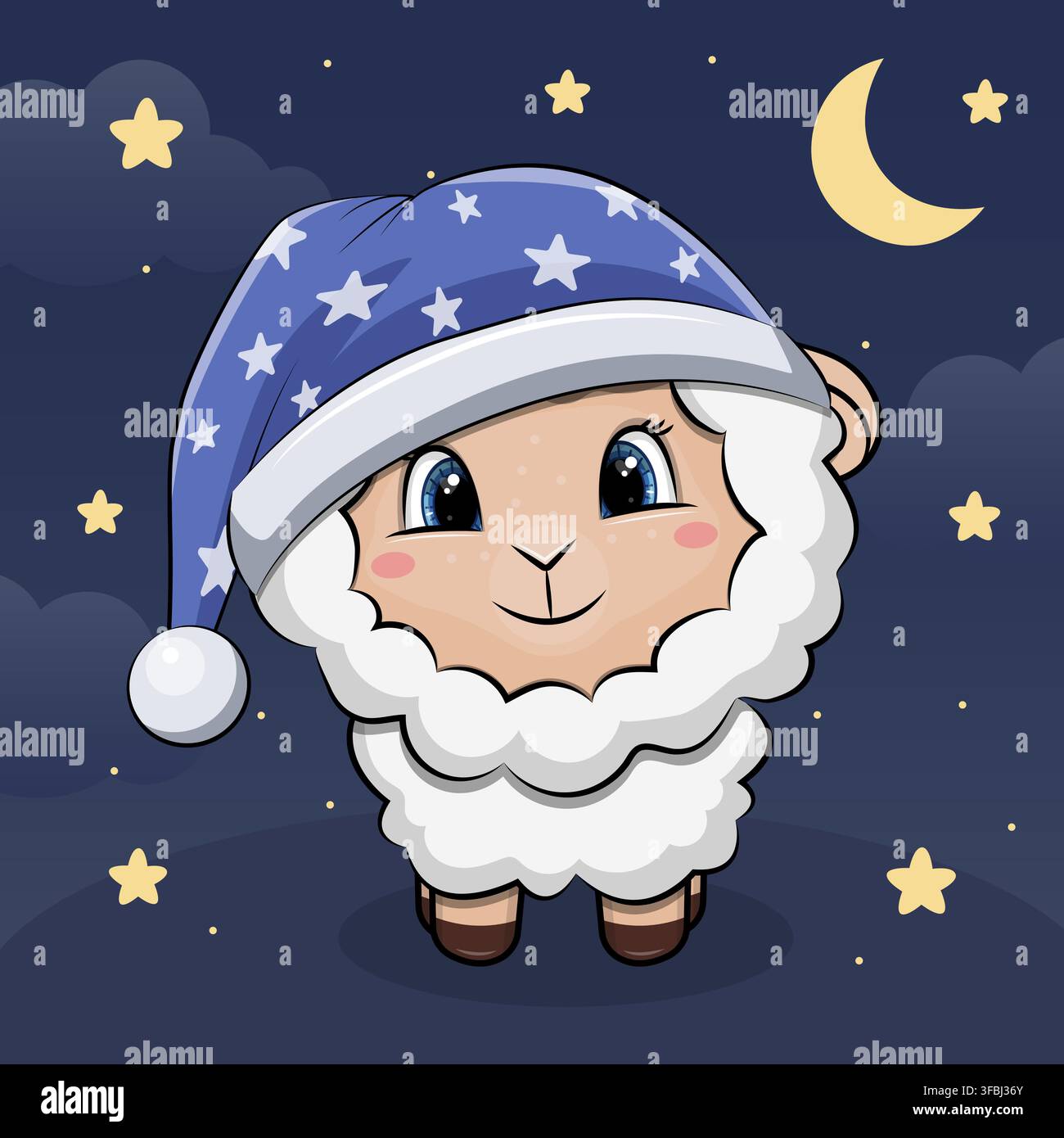 Cute cartoon Sheep with nightcap. Night vector illustration with animal and dark blue background with stars and moon. Stock Vector