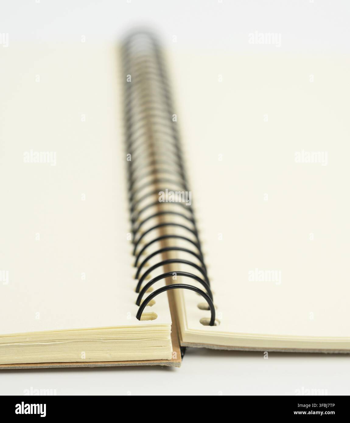 Open spiral notebook with blank white sheets, macro Stock Photo