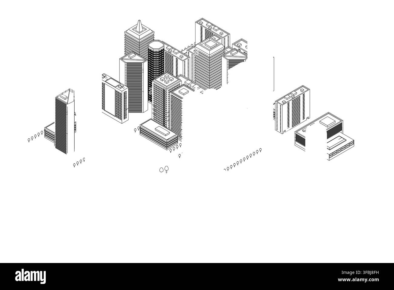 Low poly contour drawing of a city skyline with detailed skyscraper architecture in a black and white geometric style. Isometric view Stock Vector
