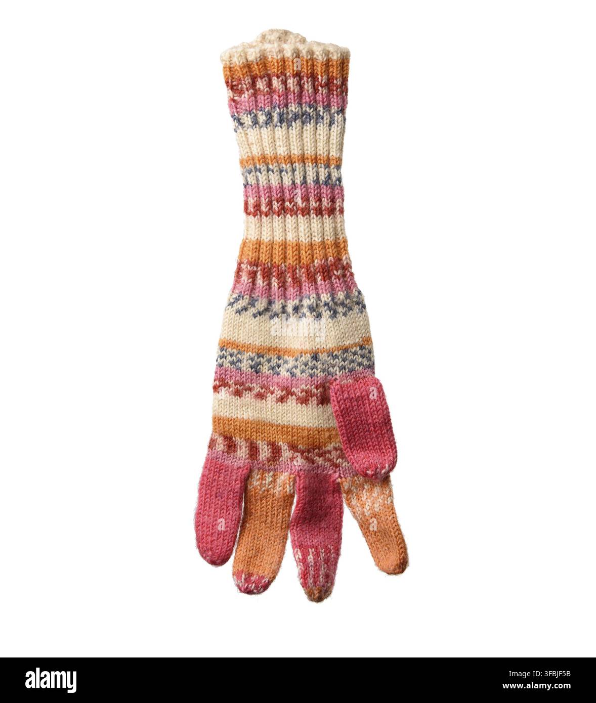 Knitted woolen mitten from multi-colored threads, isolated on white background, close up Stock Photo