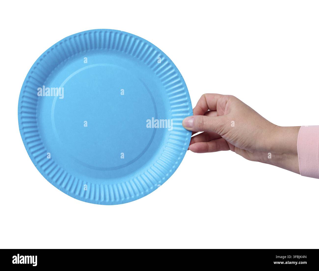 Woman's hand holding a empty round blue paper plate Stock Photo