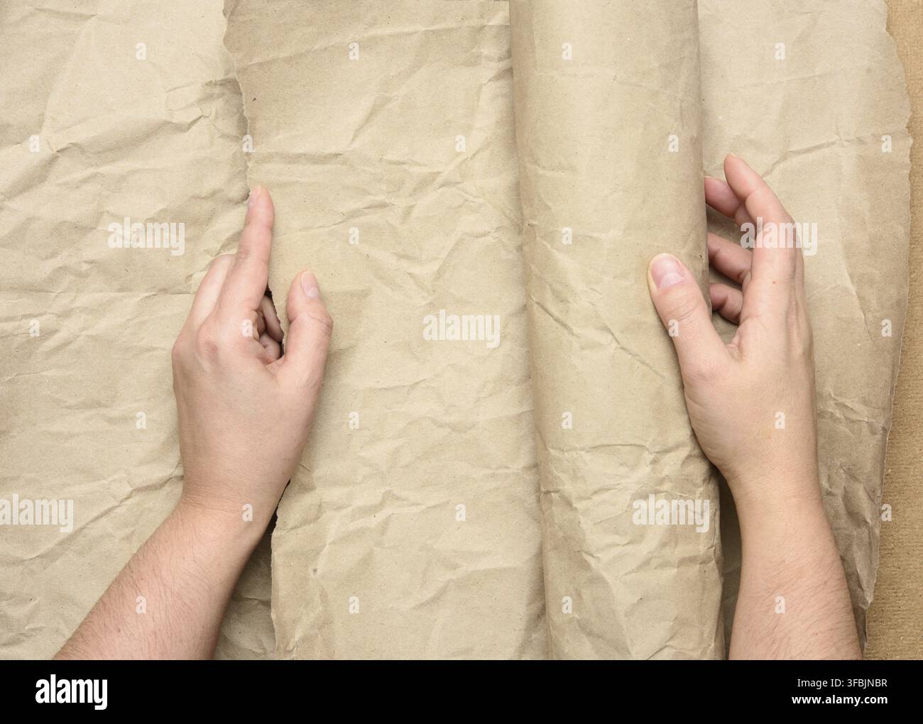 Two female hands hold rolled brown paper, top view Stock Photo