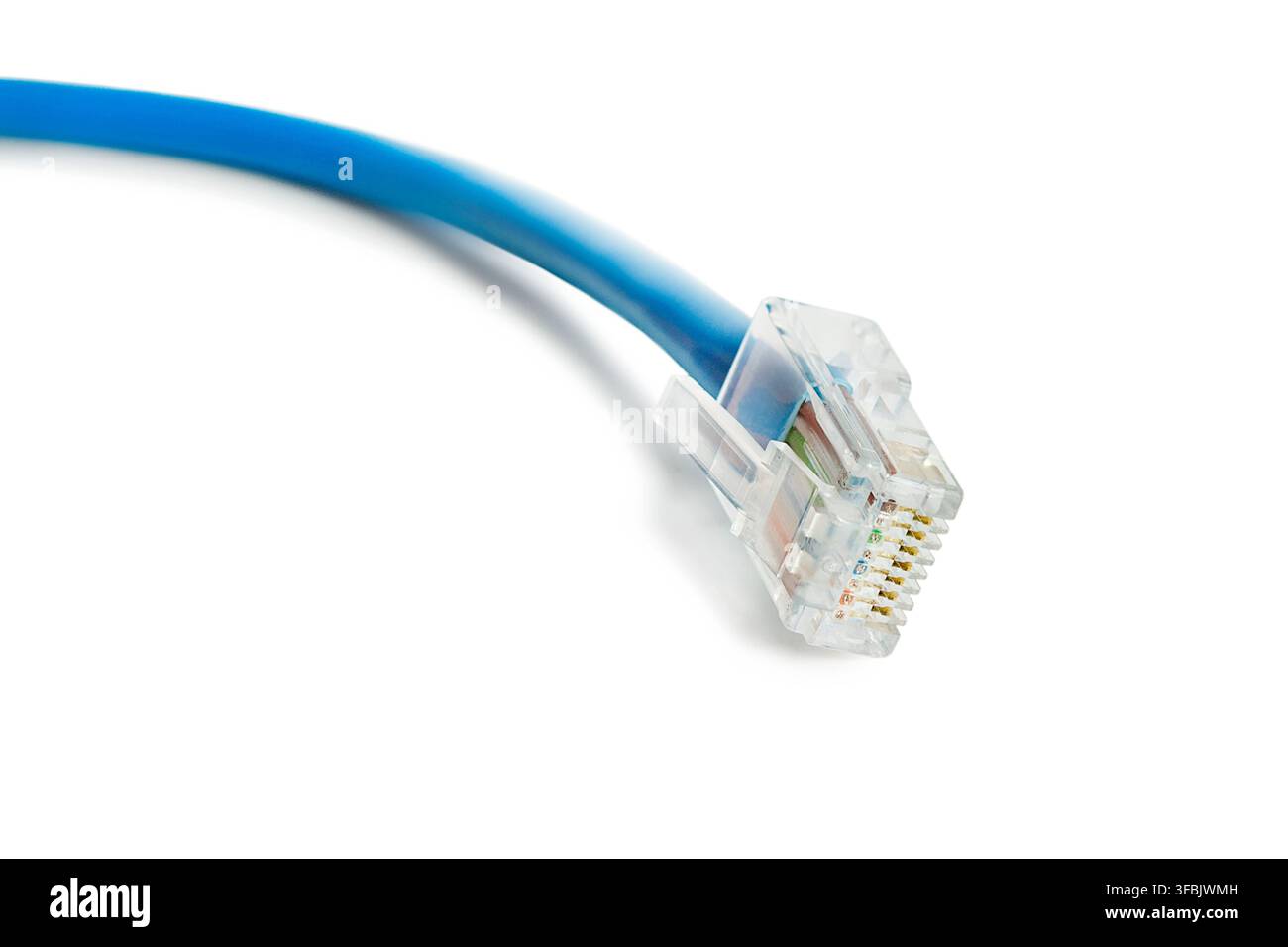 RJ-45 ethernet cable plug closeup isolated over white Stock Photo