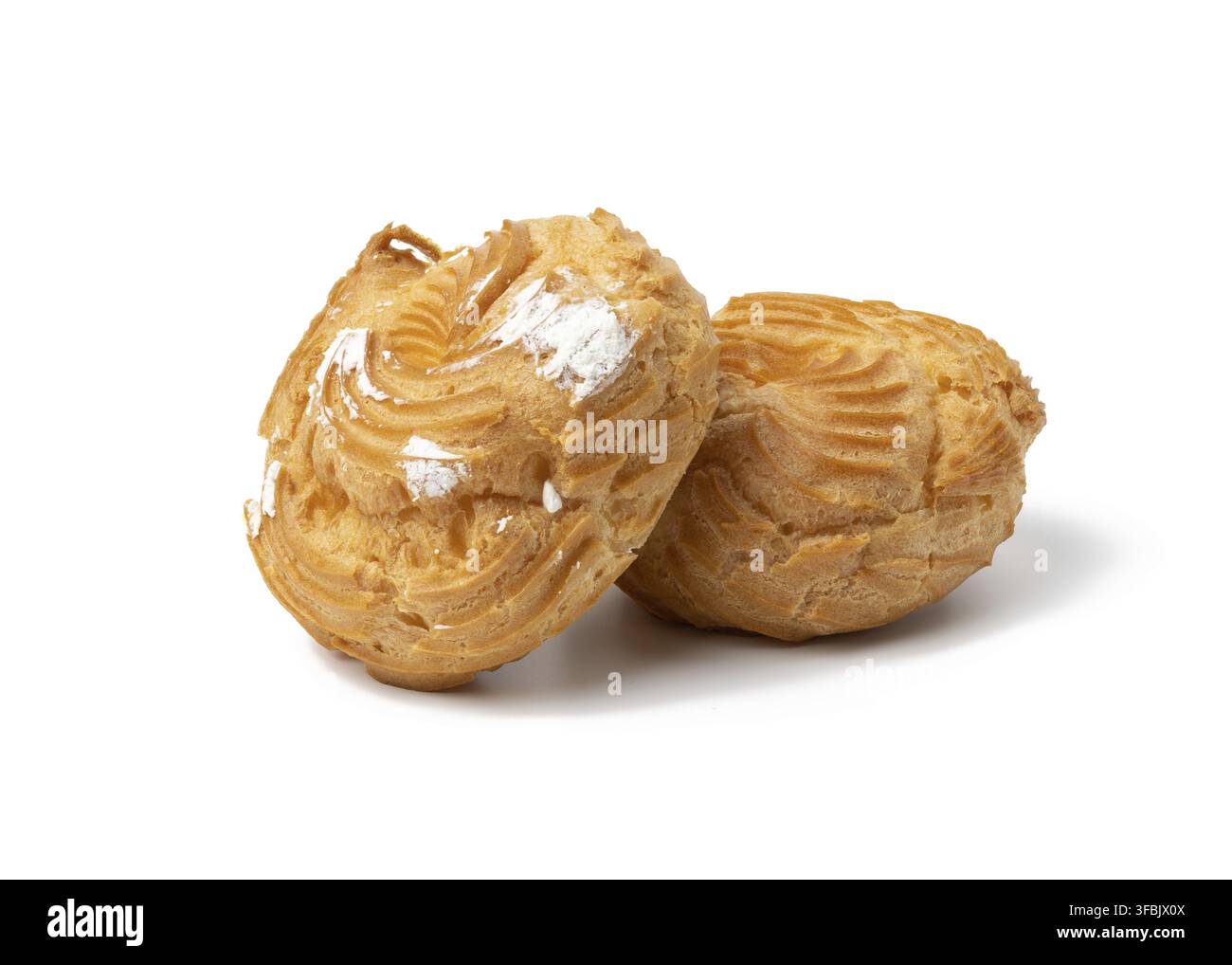 Two baked round eclairs on a white background Stock Photo