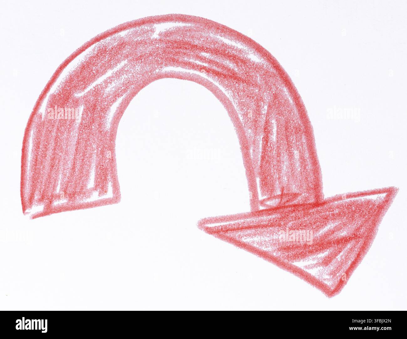 A curved arrow pointing downwards is drawn with a red pencil using dense shading. White background Stock Photo