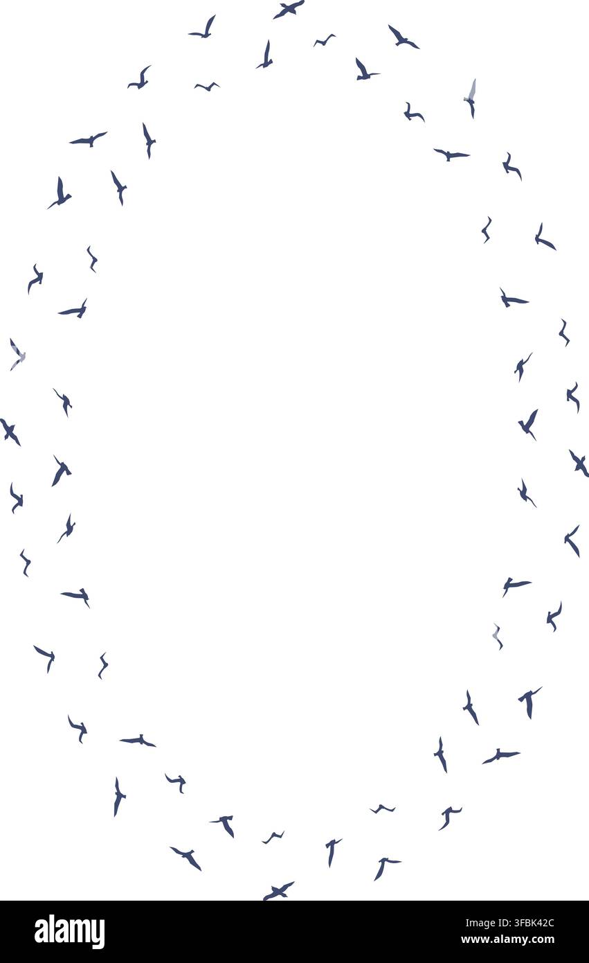 Flying birds oval frame. Starling birds flock in the sky template. Frame with empty space for your text Stock Vector