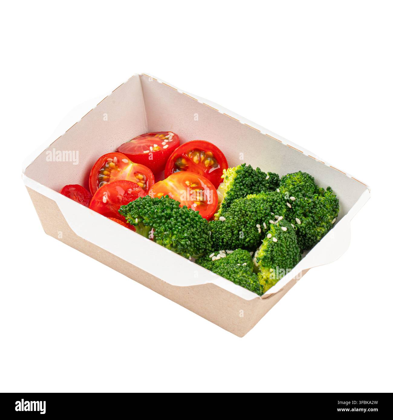 Steamed broccoli with cherry tomatoes in paper box Stock Photo