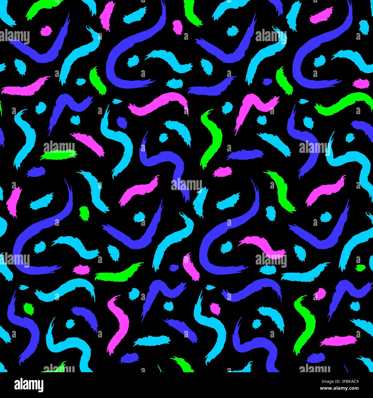 Abstract squiggles wavy lines retro neon graphic design black seamless pattern background. Colorful neon hand drawn squiggles curves wavy lines black Stock Vector