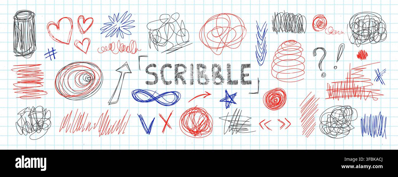 Messy pen doodles and scribbles create chaotic hand-drawn lines vector illustration set. Stock Vector