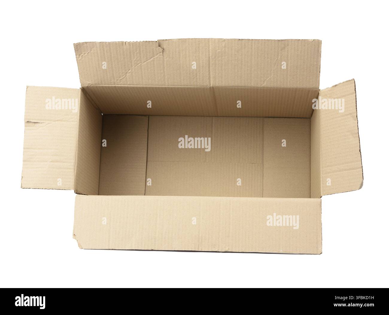 Open empty cardboard rectangular box made of corrugated brown paper isolated on a white background Stock Photo
