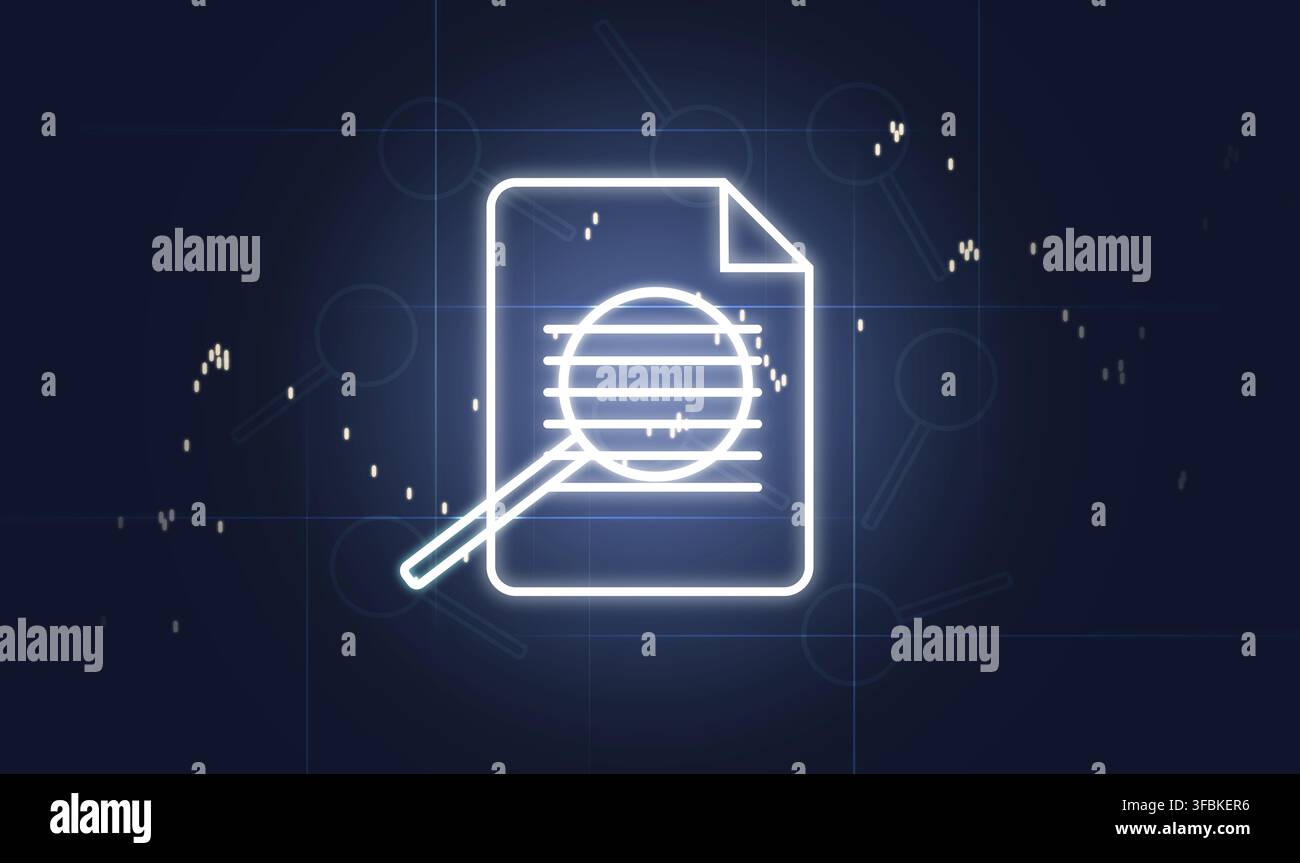 Document and magnifier icons on blue background. Data validation concept, control Stock Photo