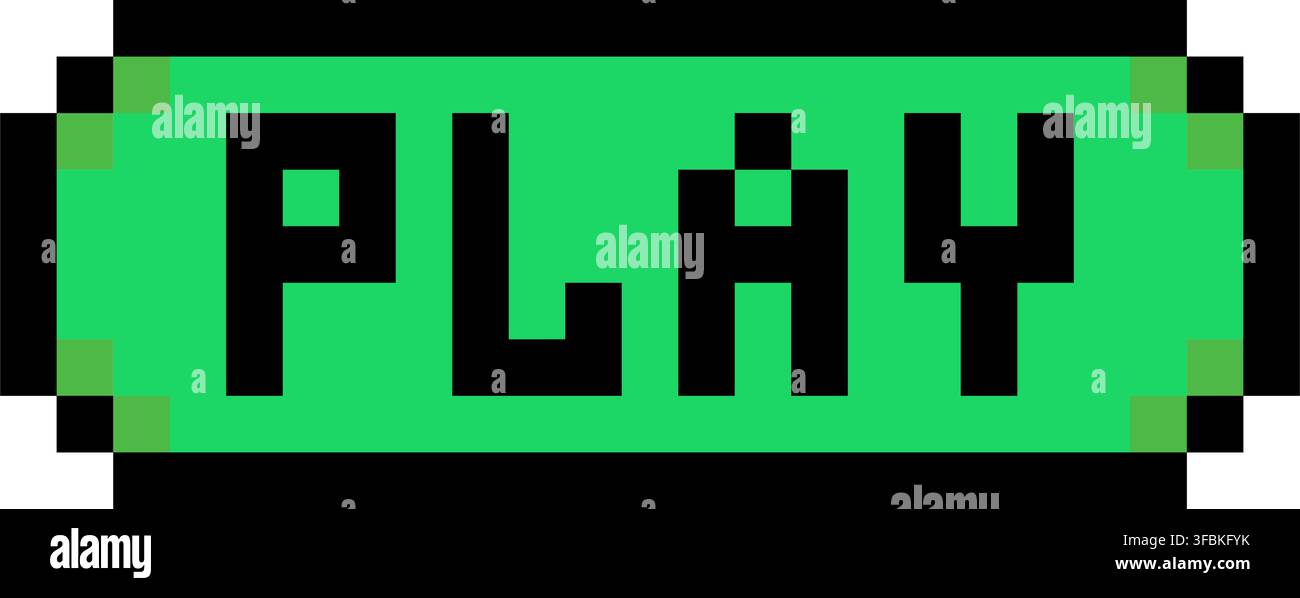 Play button start game menu control pixel art style vector green black outline. Rectangular button text play pixelated arcade game UI interface elemen Stock Vector