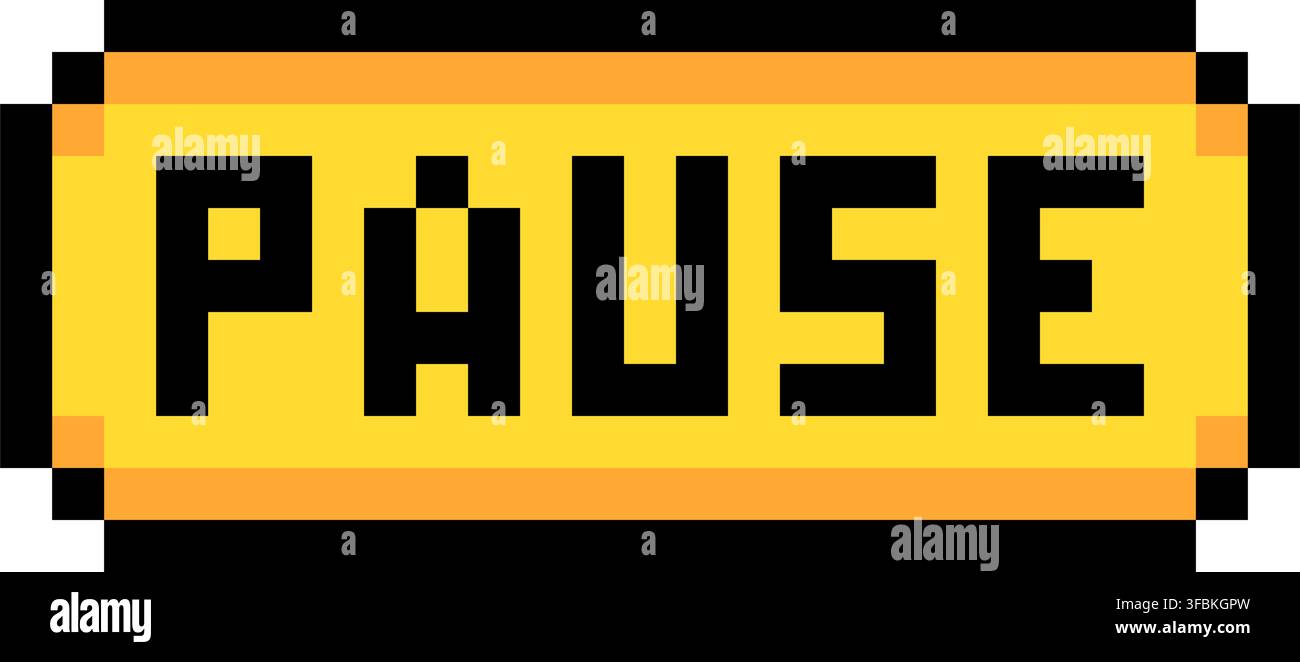 Pause button freeze hold menu option pixel art style graphic yellow black frame. Rectangular button text pause pixelated video game control UI asset i Stock Vector