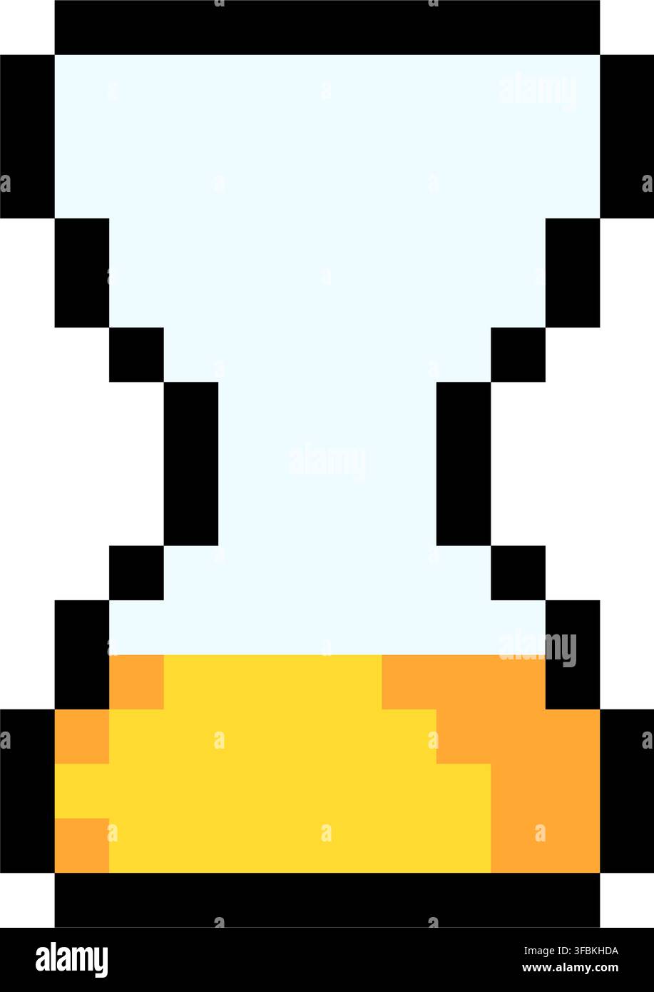 Sand clock timer countdown wait loading icon pixel art style game asset yellow color. Classic hourglass sand timer waiting indicator pixelated video g Stock Vector