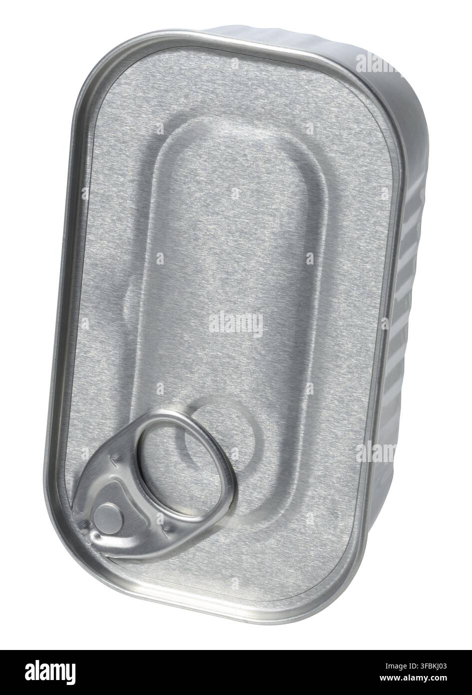 Rectangular tin can with ring for opening on isolated background Stock Photo
