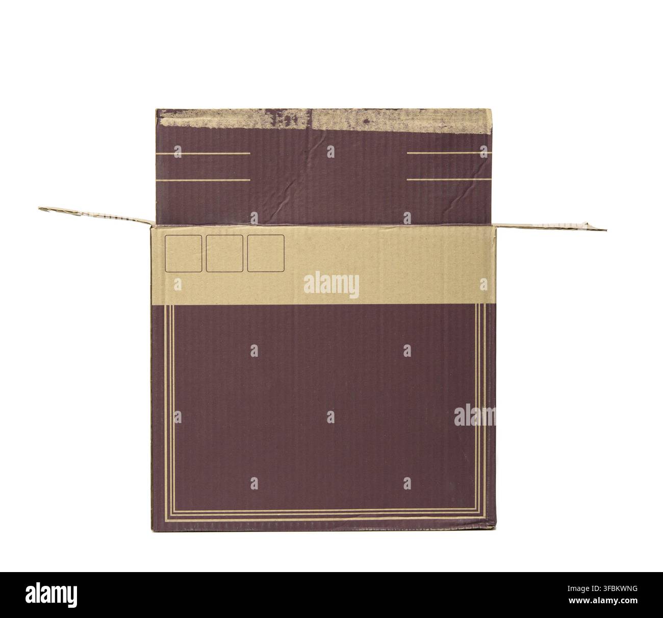 Open cardboard rectangular box made of corrugated brown paper isolated on a white background, wine box Stock Photo
