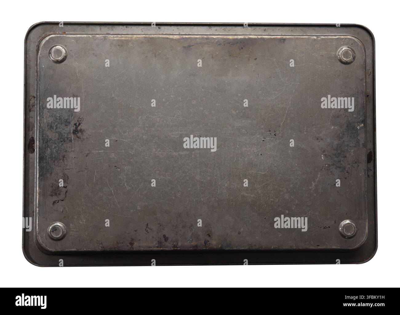 Rusty rectangular baking sheet isolated on white background, close up Stock Photo