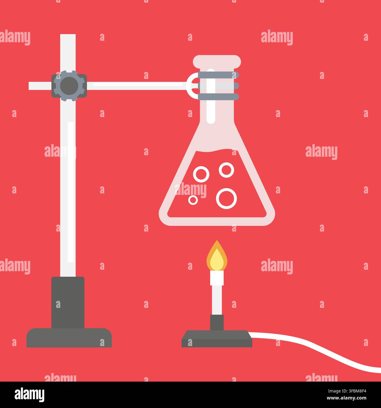 Heating Erlenmeyer Flask Over Bunsen Burner on Red Background Stock Vector