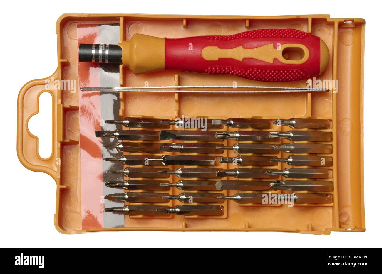 Plastic box with screwdriver and various bits for screws on isolated background Stock Photo