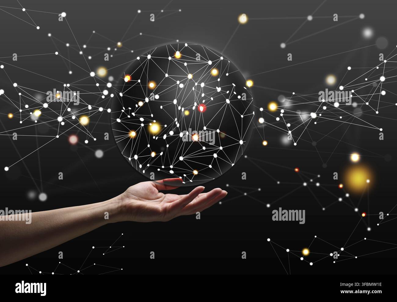 A female hand holds a sphere with global international connections. Futuristic visualization of global business and world internet network. Quick acce Stock Photo