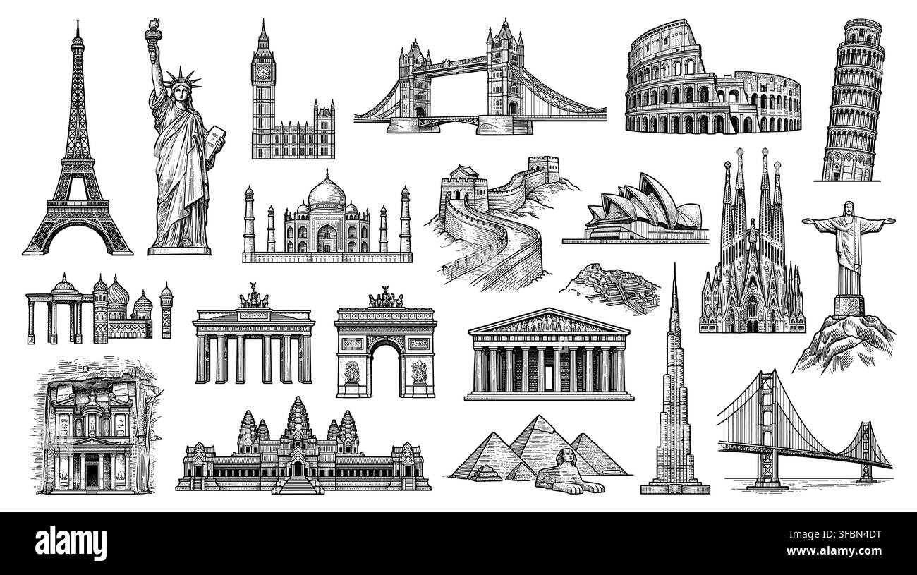 world wonders and historical monuments vector icons set featuring famous landmarks and ancient architecture illustrations Stock Vector