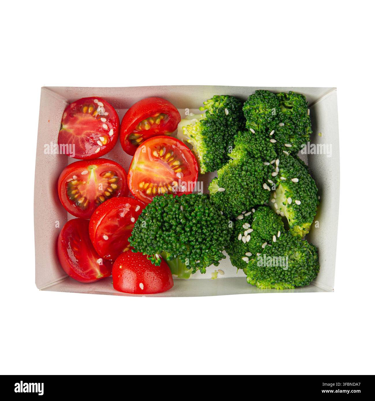 Steamed broccoli with cherry tomatoes in paper box Stock Photo