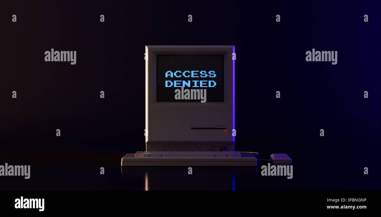 Cybersecurity, Access Control, Digital Security And Unauthorized Entry Concept. Old Computer Screen Displays Access Denied Message On Dark Background. Stock Photo