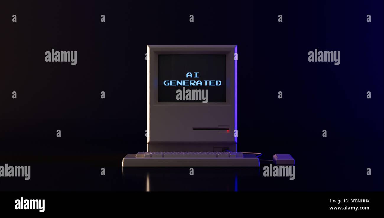 Artificial Intelligence, Generative Technology, Synthetic Content And Retro Computing Concept. Old Computer Displays AI Generated Message On Dark Back Stock Photo