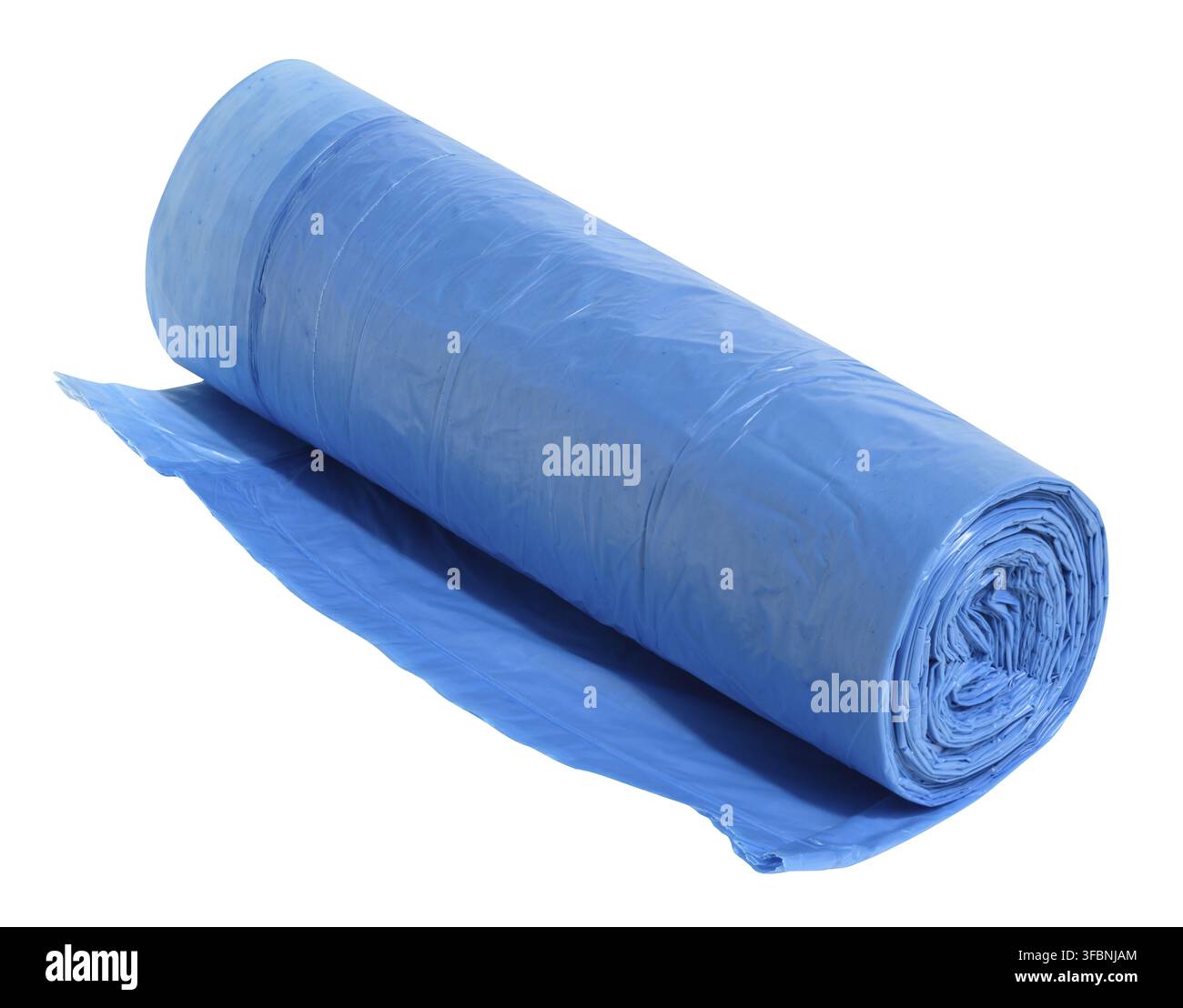Blue plastic trash bags with strings on white background, close up Stock Photo