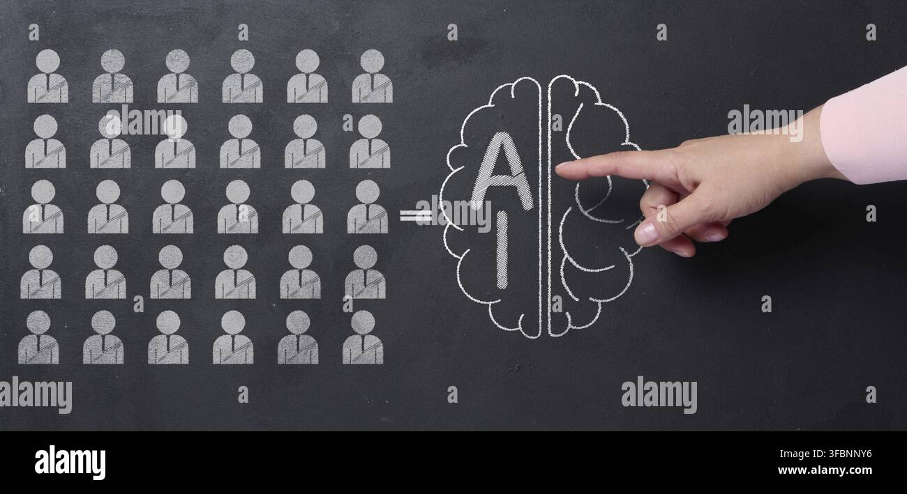 Chalk-drawn icons of human figures, an equal sign with a drawn human brain, inscription artificial intelligence. Finger points to the superiority of i Stock Photo