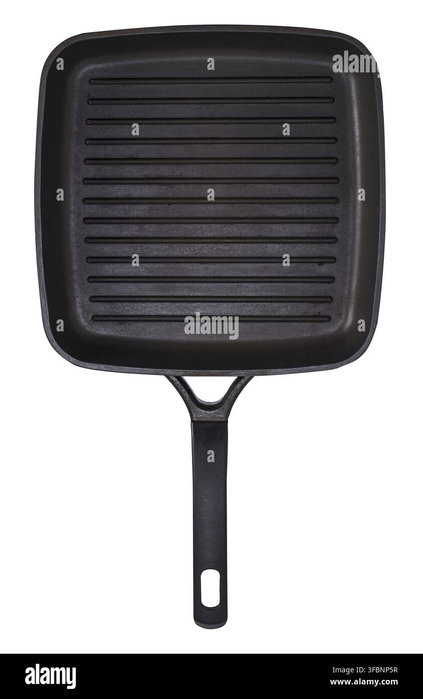 Old empty black square grill pan with handle isolated on white background Stock Photo