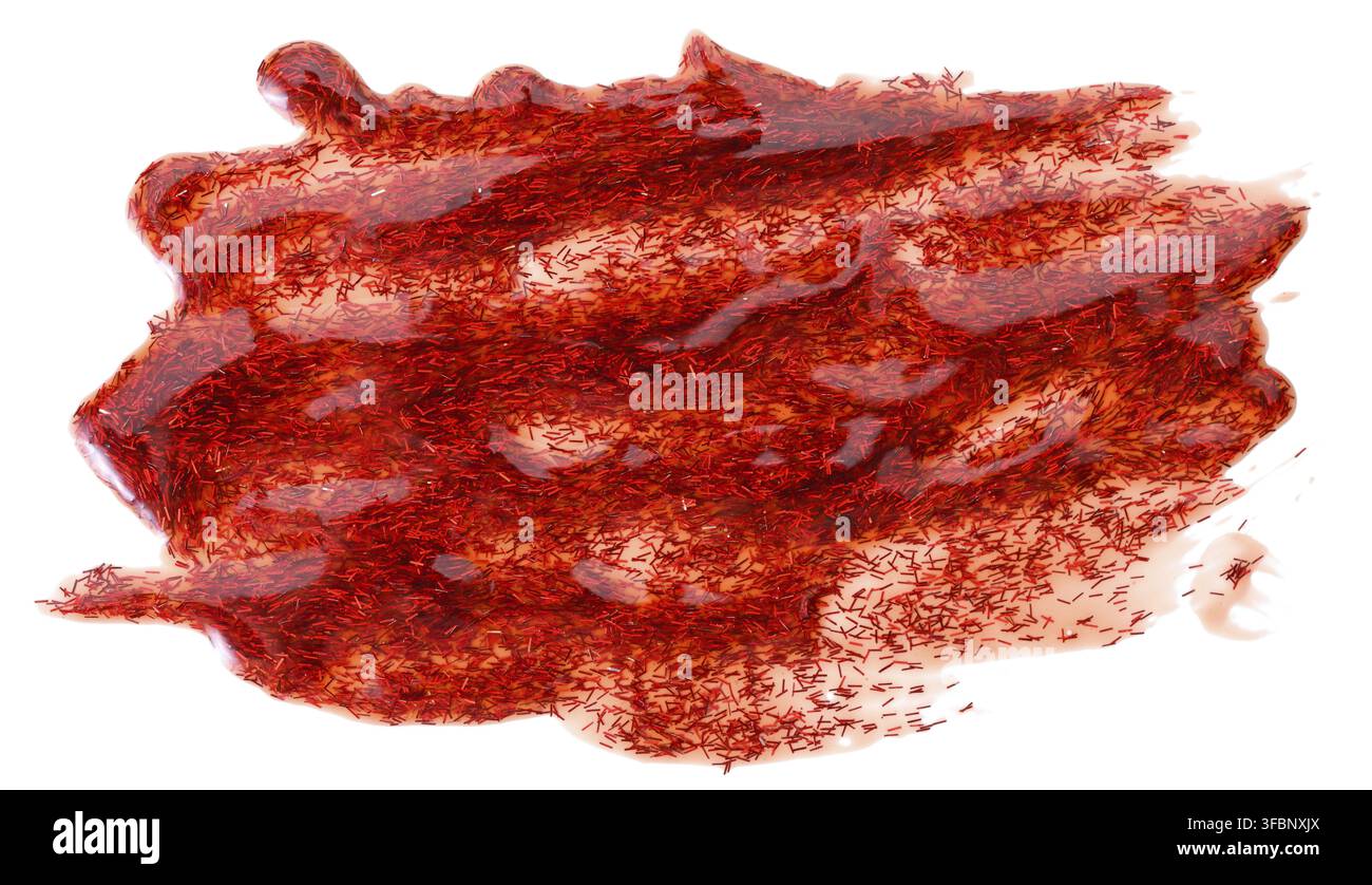 Spilled red nail polish with sparkles on a white background, blot Stock Photo