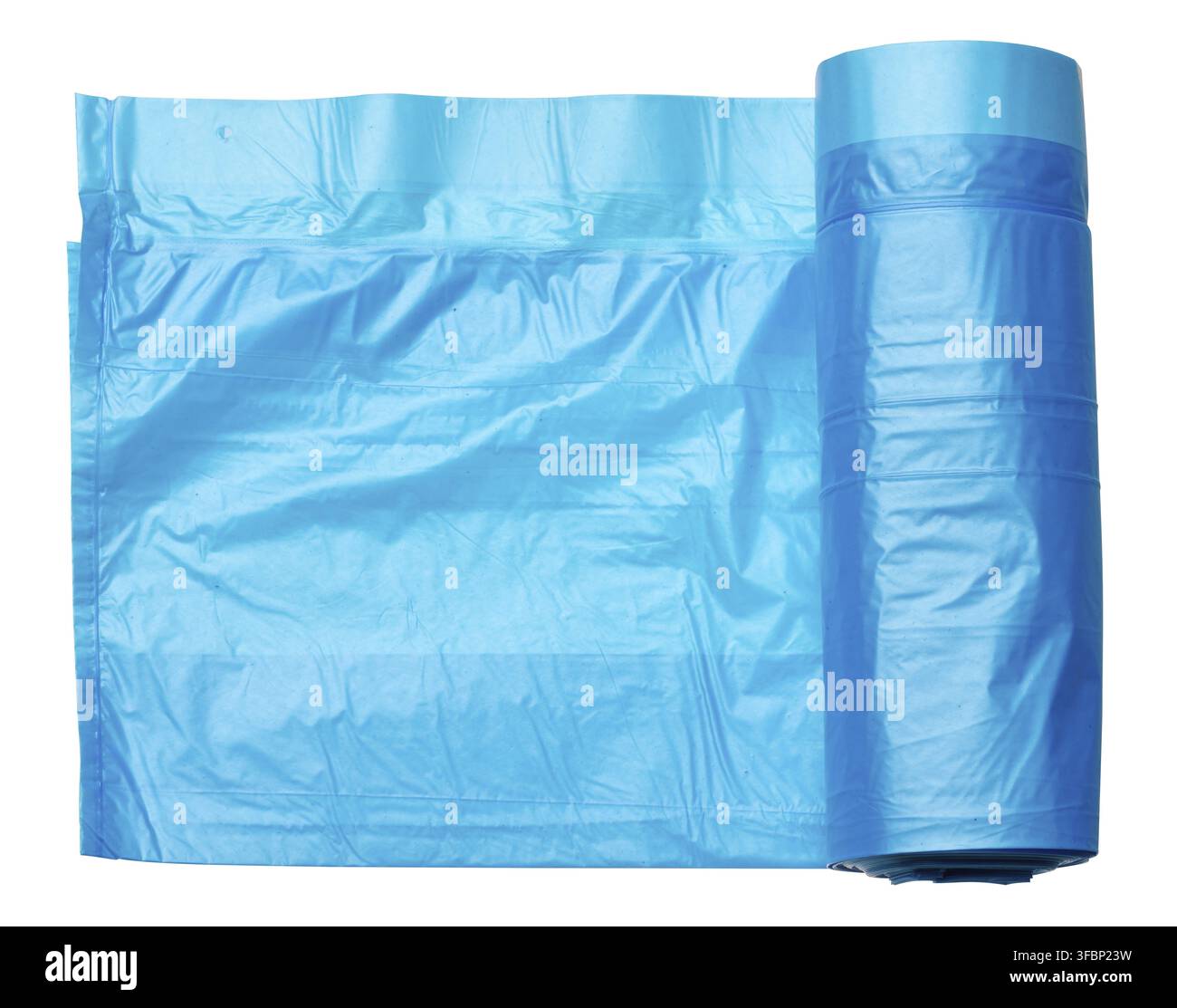 Blue plastic trash bags with strings on white background, close up Stock Photo