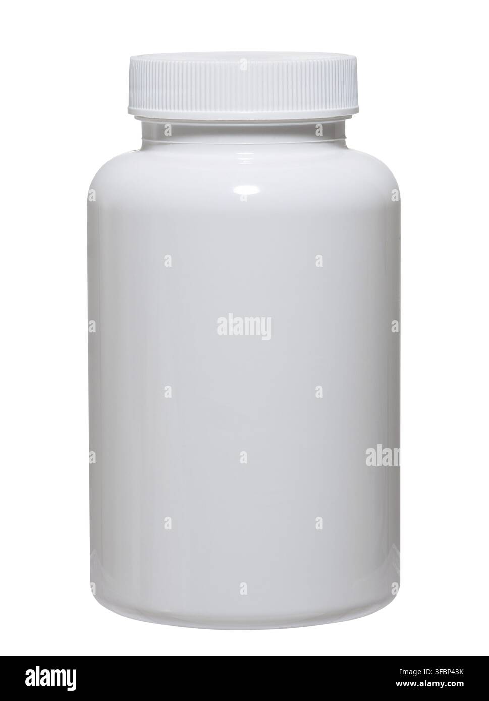 White plastic jar with ribbed lid, isolated background, close up Stock Photo
