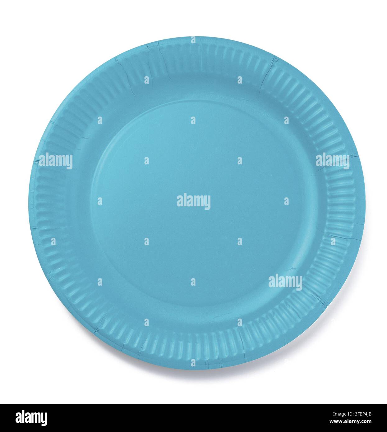 Blue empty paper disposable plate on white isolated background, top view Stock Photo
