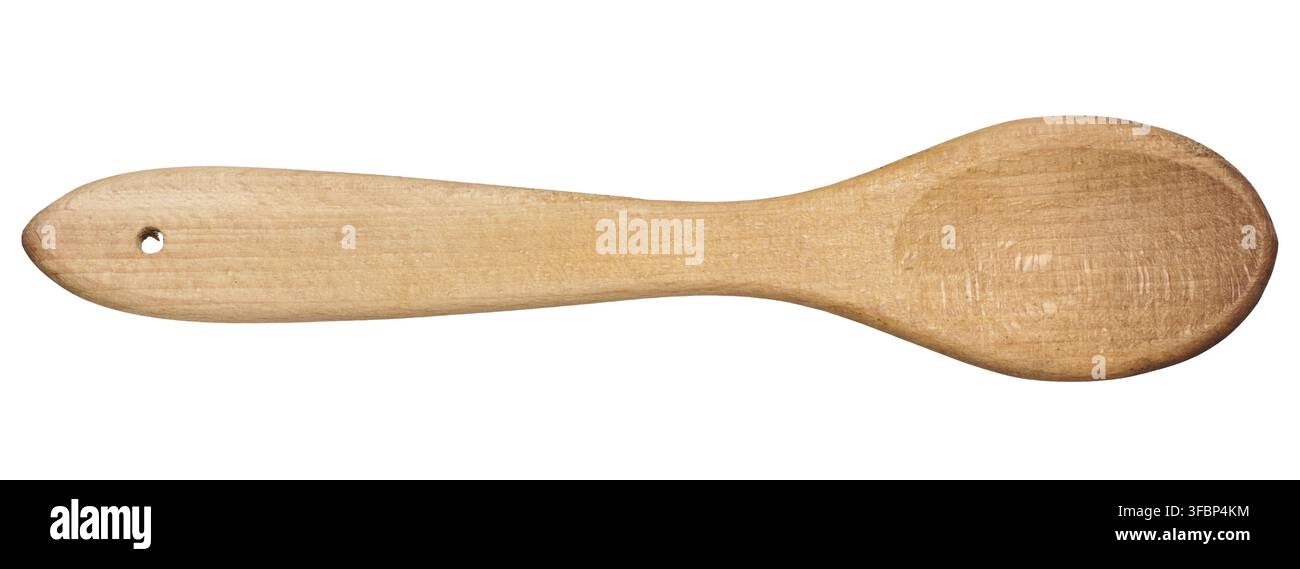 Wooden empty spoon with long handle on isolated background, top view Stock Photo
