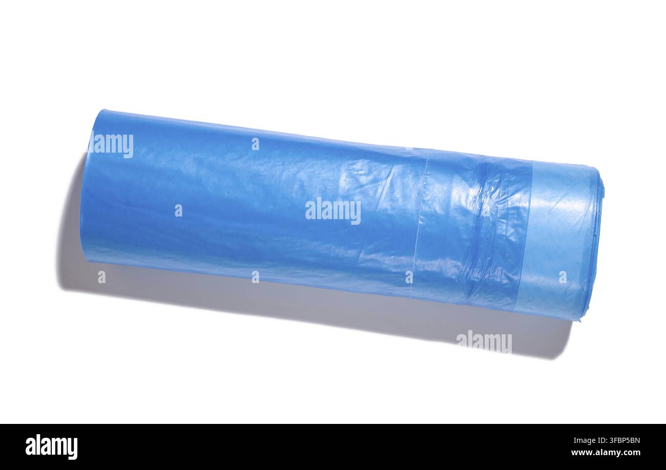 Blue plastic trash bags with strings on white background, top view Stock Photo