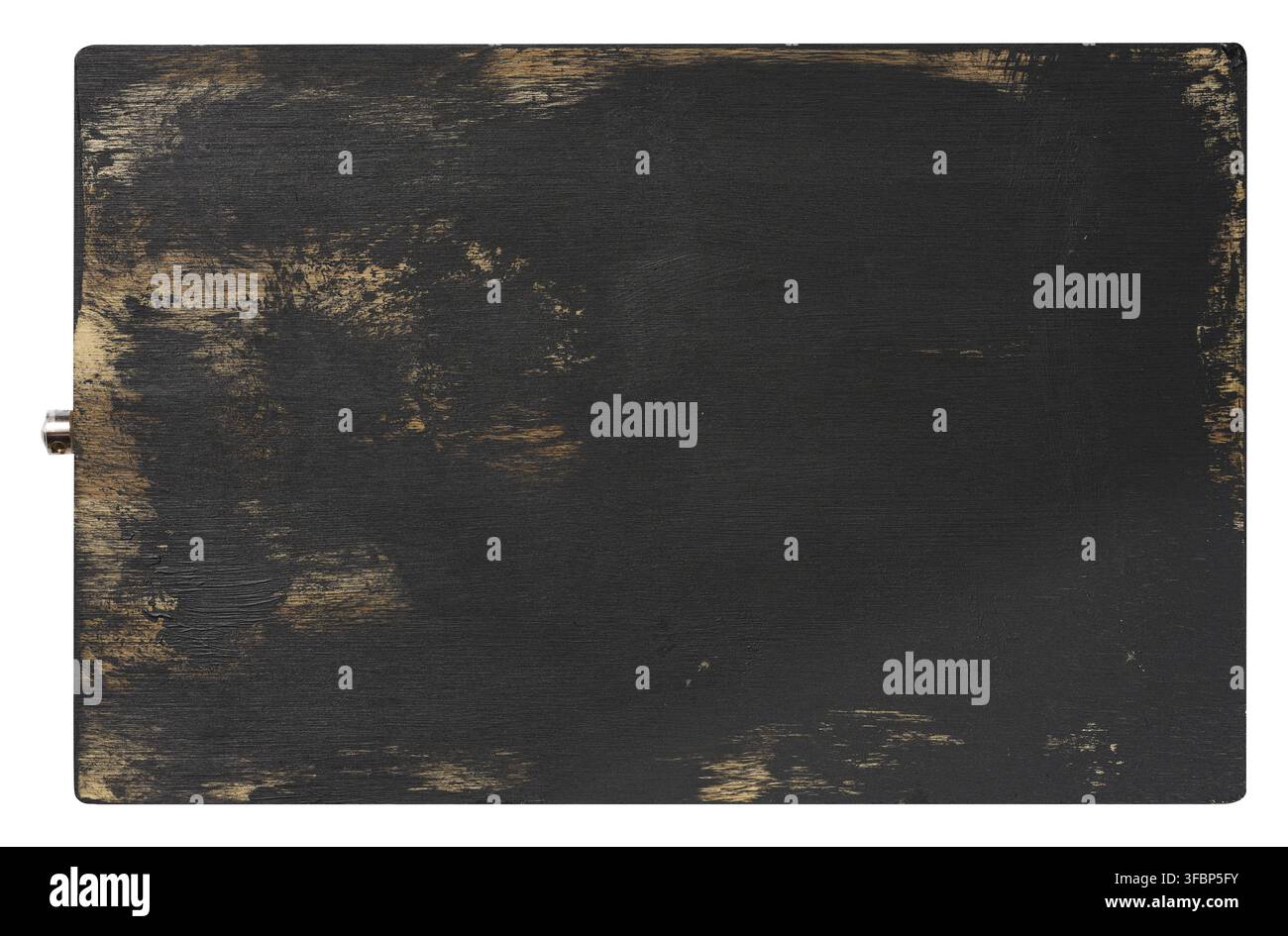 Empty black rectangular wooden oak kitchen cutting board. White background, top view Stock Photo