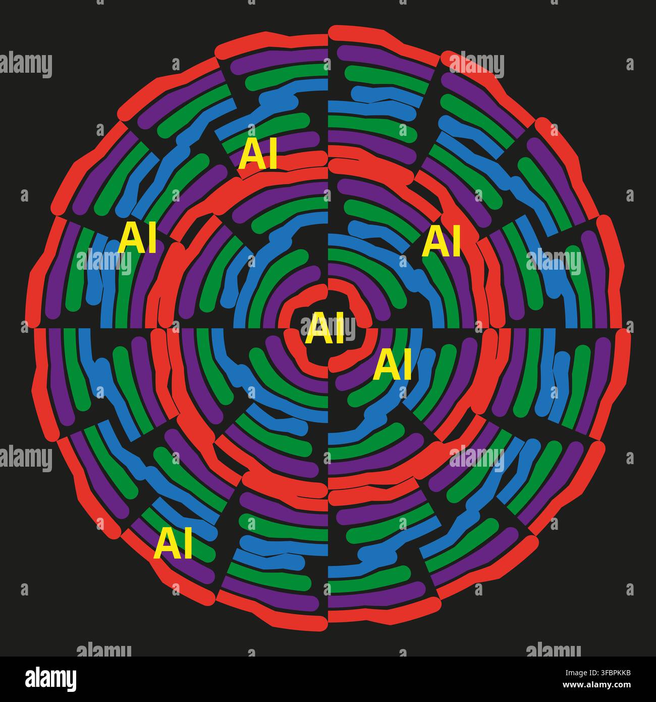 Ai brain maze colorful labyrinth abstract vector pattern features artificial intelligence network. It represents complex logic puzzle concept eps 10 Stock Vector