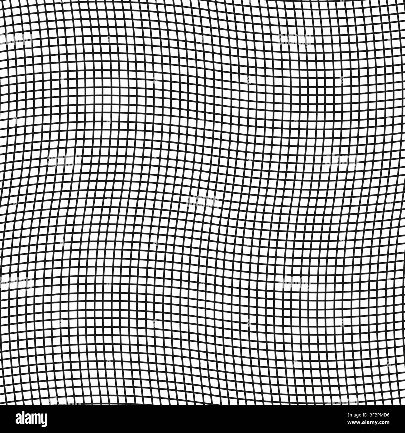 Wavy grid mesh abstract vector pattern features distorted wireframe texture. It visualizes optical illusion 3d space background eps 10 Stock Vector