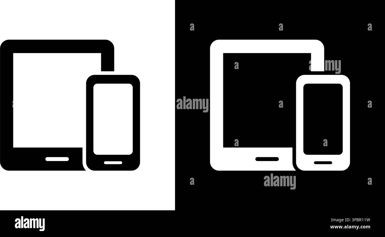 Tablet And Smartphone Solid Icon. Mobile Device Compatibility And Synchronization Silhouette Symbol. Technology And Connectivity Representation Stock Vector