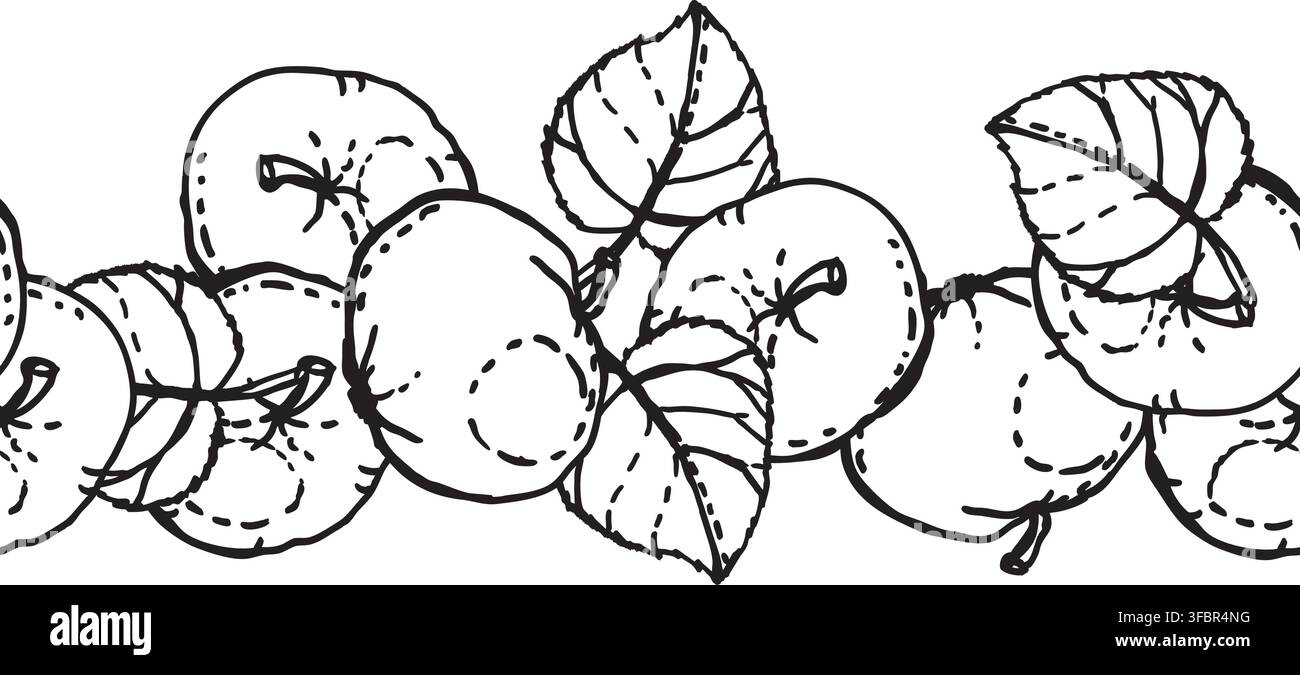 A seamless vector border featuring apples and leaves, hand-drawn Stock Vector