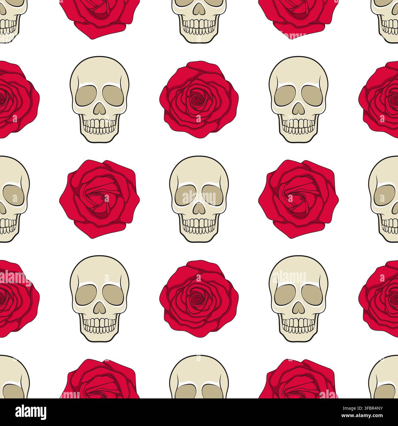 Seamless pattern with red roses and skulls. Colored vector background on white. Stock Vector