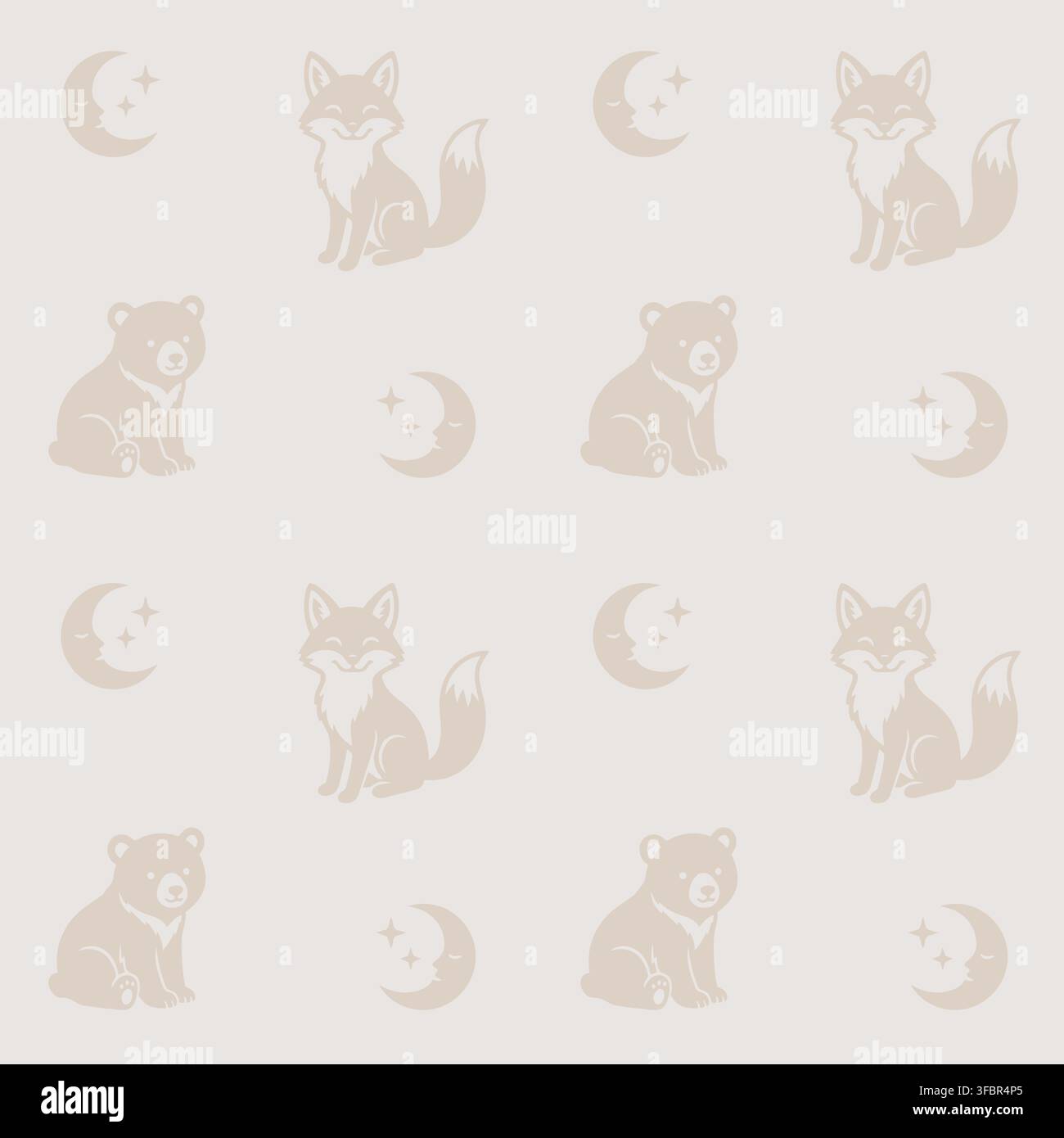 Seamless pattern with forest animals and moon elements, perfect for night nursery theme. Stock Vector