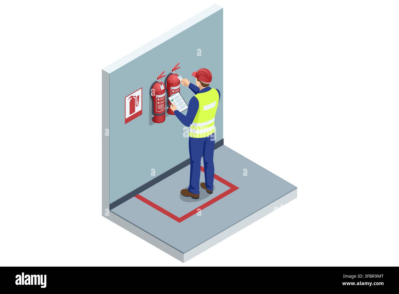 Isometric worker inspecting fire extinguishers with checklist Stock Vector