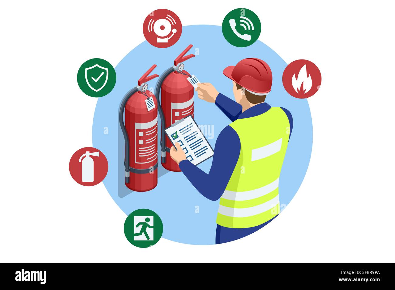 Isometric worker inspecting fire extinguishers with checklist Stock Vector