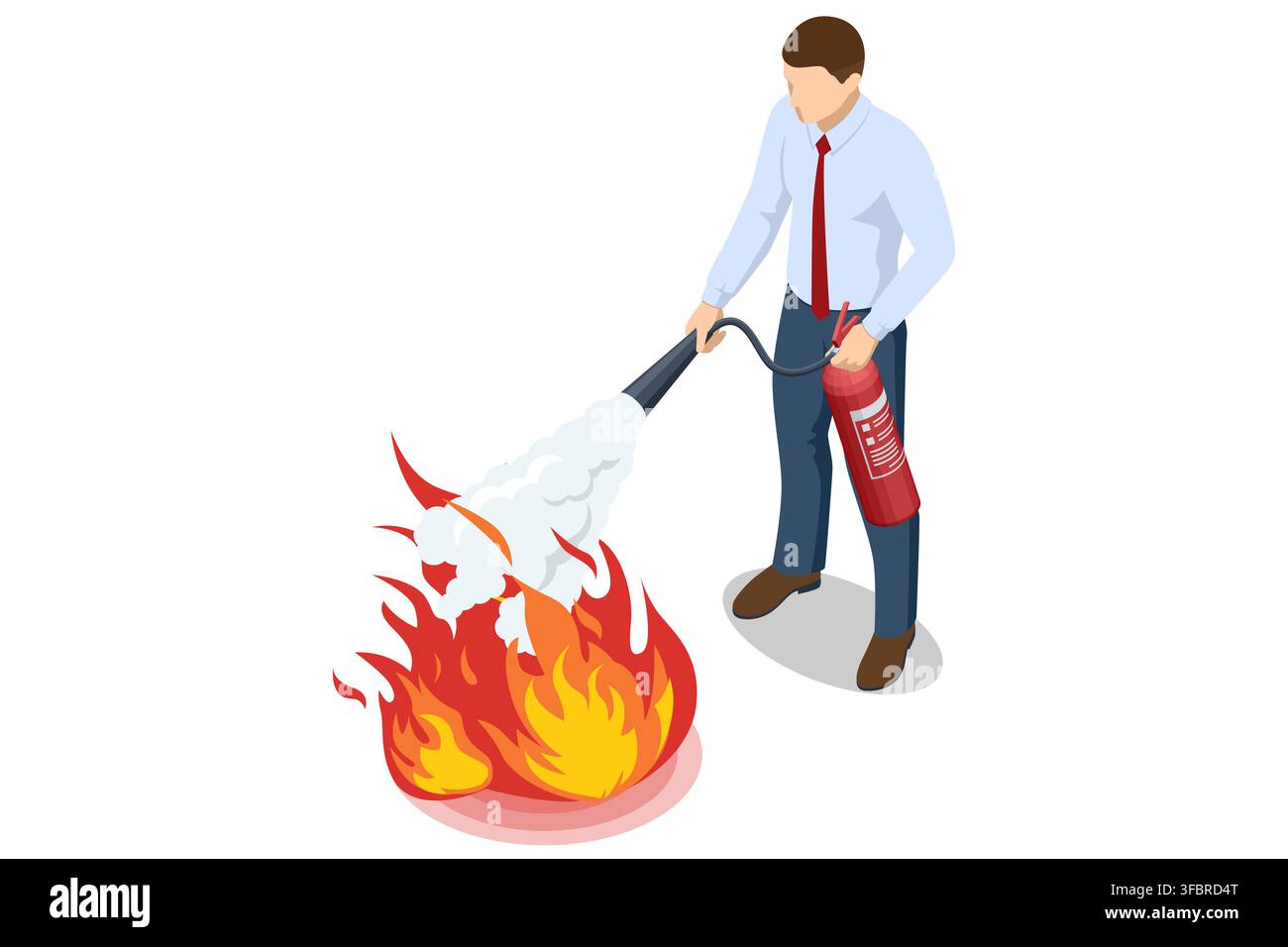 Isometric man using fire extinguisher to suppress flames Stock Vector