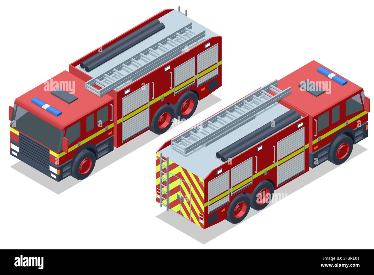 Isometric fire engine set with side and rear views Stock Vector